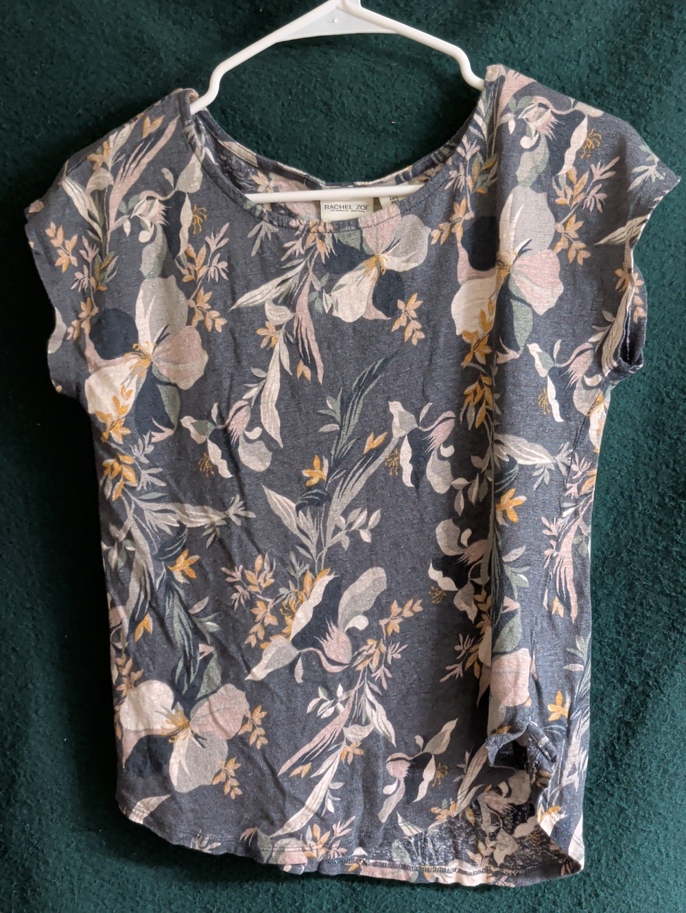 Rachel Zoe Charcoal Floral Cap Sleeve Tee with Pink and Cream Accents